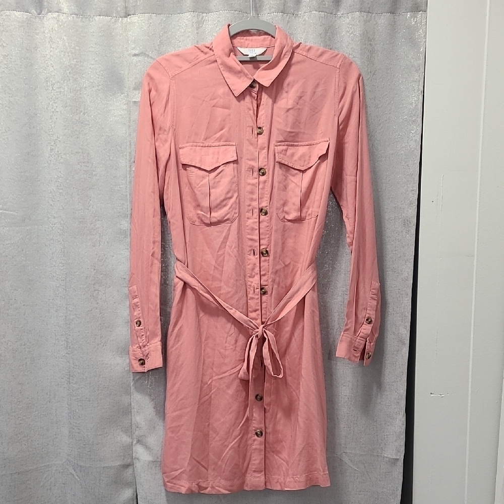 Pink Long Sleeve Tie‎ Front Shirt Dress
